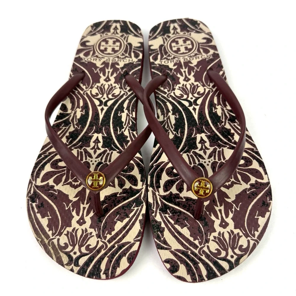 Tory Burch Flip Flops 10 Cabernet Arabesque Slip On Sandals Womens Damask Chic